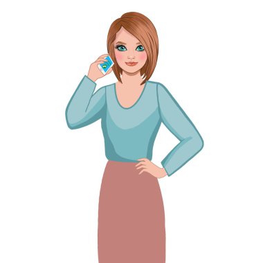 Ayakta duran bir iş kadını, telefon görüşmesi yapan, beyaz bir arka planda, bir ofiste çalışan. Bir rehber, kontrol listesi, sunum, reklam, kitapçık