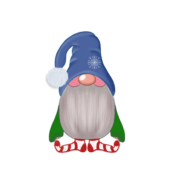 Illustration Free Standing Cartoon Christmas Scandinavian Gnome Blue Hat Green — Stock Photo, Image