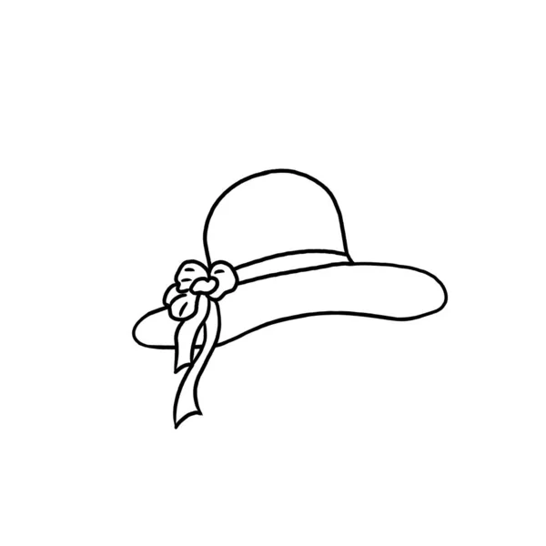 Sketch of a black line of a summer beach hat for women with large brims, with a ribbon, on a white background. For leaflets, postcards, posters, advertising, presentations