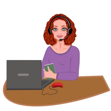 Bir iş kadını masada oturmuş, rahat bir ofis atmosferinde, bilgisayarında mikrofonla kulaklıklarla çalışıyor. Çağrı merkezinde çalışıyorum. Kontrol listesi, sunum, reklam için.