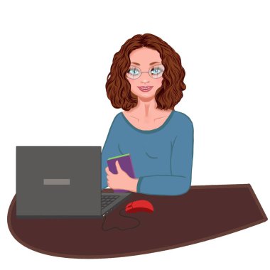 Masasında gözlüklü bir bilgisayarla oturan bir iş kadını elinde bir not defteri ve beyaz arka planda bir bilgisayar faresi, bir serbest çalışan ya da bir ofis çalışanı. Sunum, Reklam