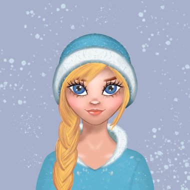 Mavi kürklü, beyaz yakalı, mavi-beyaz örgülü, uzun örgülü ve büyük mavi gözlü sarışın bir kız resmi. Kartpostal, davetiye, hediye, poster, kitap