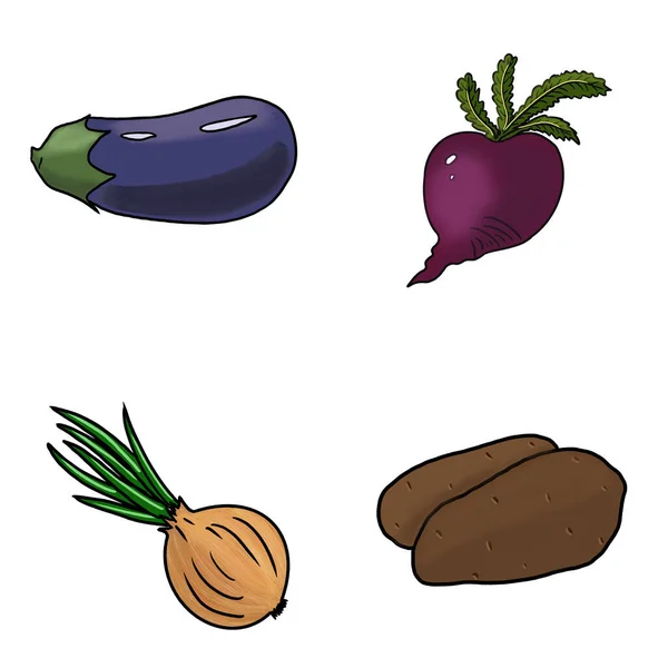 Eine Reihe Von Illustrationen Die Eine Separate Aubergine Rote Bete — Stockfoto