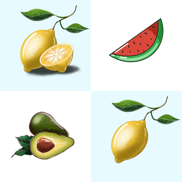 Conjunto Ilustrações Limões Deitados Separadamente Pedaço Melancia Abacate Padrão Para — Fotografia de Stock