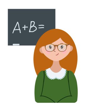 Çalışan profesyonel bir çalışanın portresi, beyaz arka planda tahtası olan bir kadın öğretmen. El kitabı, kontrol listesi, kılavuz, kontrol listesi, sunum, reklam, kitapçık