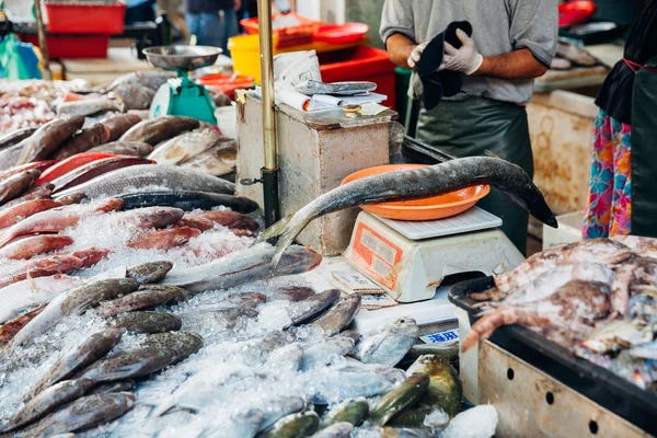 L'homme pèse le poisson sur les balances — Photo