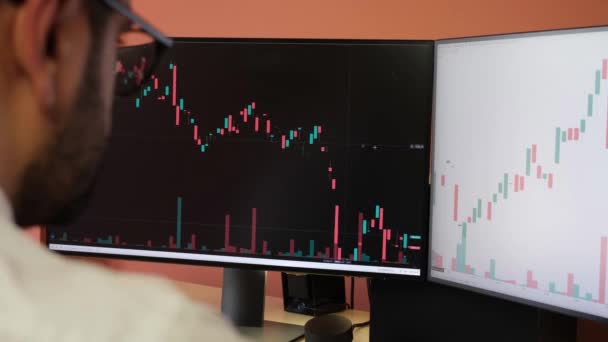 Amors Plan van de handelaar die de aandelenkaarten op de computer onderzoekt — Stockvideo