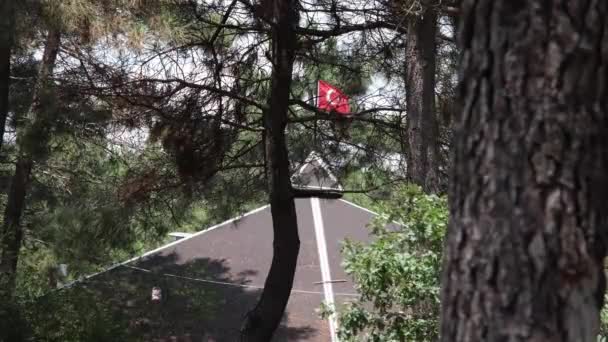 Cabaña y bandera, bandera turca ondeando sobre un mirador en el bosque, cabaña — Vídeos de Stock