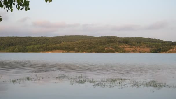 Výhled na jezero, výhled na jezero mezi horami a trávou — Stock video