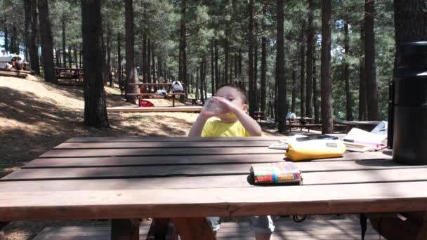 Agua potable, niño caucásico beber agua con botella en el banco — Vídeos de Stock