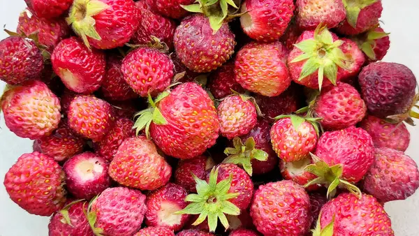 Ljusa Färska Jordgubbar Ett Vitt Tefat Ljus Ovanifrån — Stockfoto