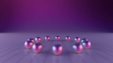 Matte küreleri 3D, mat topları 3D. Parlak bir atmosferde, fayans şeklinde geniş bir zeminde toplar. Çemberdeki kürelerin 3d gösterimi