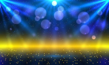 Altın ışık çizgileri ve ödül töreni tasarımı için parıltılı dokusu olan koyu mavi ışık sahnesi. Yıldönümü için gerçekçi 3d soyut seçkin cazibe arkaplan şablonu veya kazananın ödüllendirilmesi.