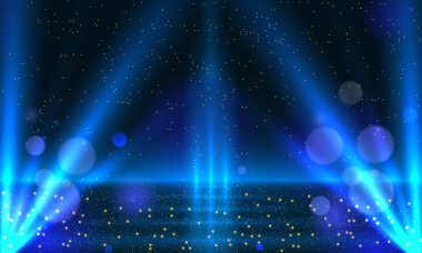 Altın ışık çizgileri ve ödül töreni tasarımı için parıltılı dokusu olan koyu mavi ışık sahnesi. Yıldönümü için gerçekçi 3d soyut seçkin cazibe arkaplan şablonu veya kazananın ödüllendirilmesi.