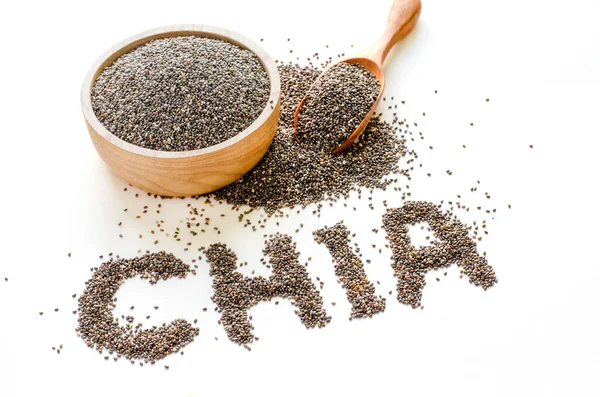 Dry Organic Chia Seed Pile Wooden Bowl Spoon White Background — Stock Photo, Image