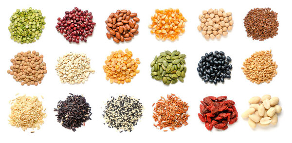 Collection of dry organic cereal and grain seed pile consisted of mung, red and black bean, corn, pinto, flax seed, garbanzo, lentils, job's tear, pumpkin seed, wheat, rice, sesame, quinoa, goji berry, and peanut on white background