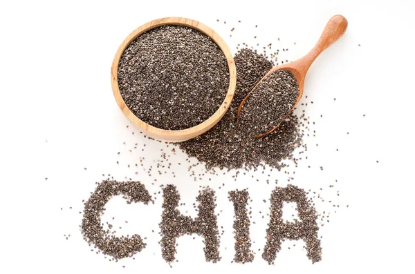 Dry Organic Chia Seeds Wooden Bowl Spoon White Background — Stock Photo, Image