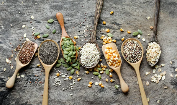 Grupo Semillas Cereales Consistía Lino Chía Calabaza Verde Cebada Perlada — Foto de Stock