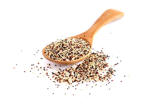 Closed Mixed Three Color Quinoa Seed Pile Wooden Spoon White — Stock Photo, Image