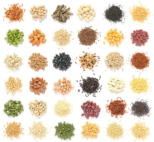 Ποικιλία Ειδών Φυσικών Δημητριακών Και Σπόρων Δημητριακών Σωρός Λευκό Φόντο — Φωτογραφία Αρχείου
