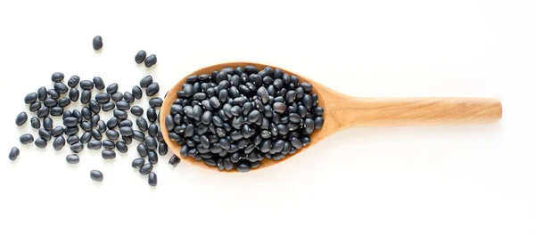 Top View Dry Organic Black Bean Seed Pile Wooden Spoon — Stock Photo, Image