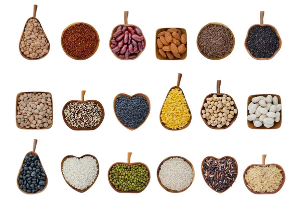 Colección Cereales Orgánicos Secos Semillas Grano Forma Fruta Tazón Madera — Foto de Stock