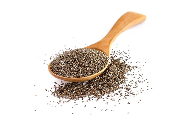 Dry Organic Chia Seed Pile Wooden Spoon White Background — Stock Photo, Image