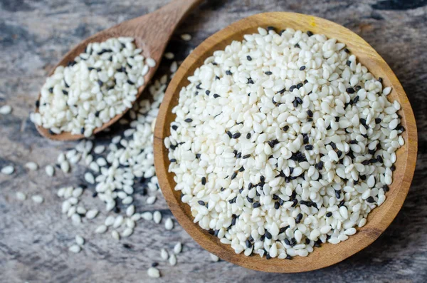 Top View Dry Organic Mixed White Black Seeds Wooden Bowl — Stock Photo, Image