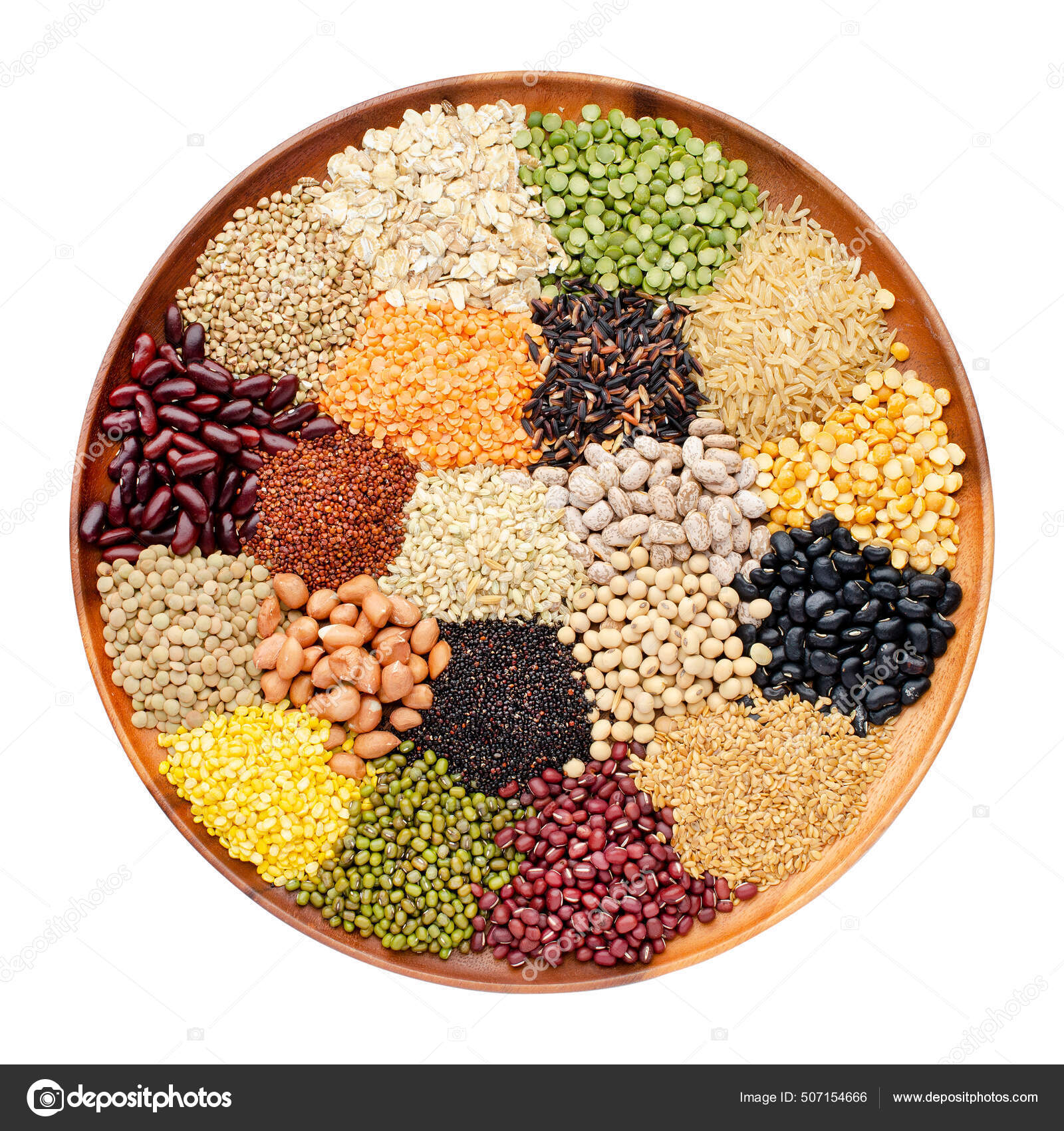 Variedade Tipos Cereais Naturais Pilha Sementes Grãos Bandeja Madeira  Círculo — Foto © Nopparatp #507154666, image size:1600x1700