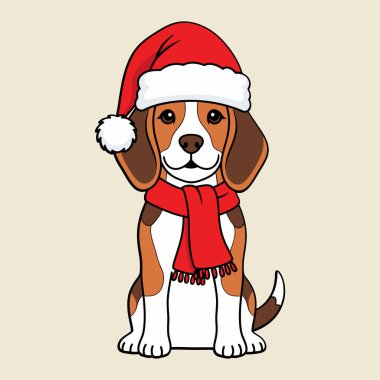 Noel Baba şapkası ve kırmızı eşarp takan sevimli av köpeği.