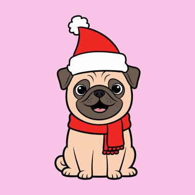 Noel Baba şapkası ve eşarp takan sevimli pug köpeği.