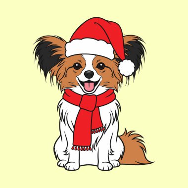 Noel Baba şapkası ve kırmızı eşarp takan sevimli papillon köpek.