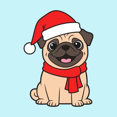 Noel Baba şapkası ve eşarp takan sevimli pug köpeği.