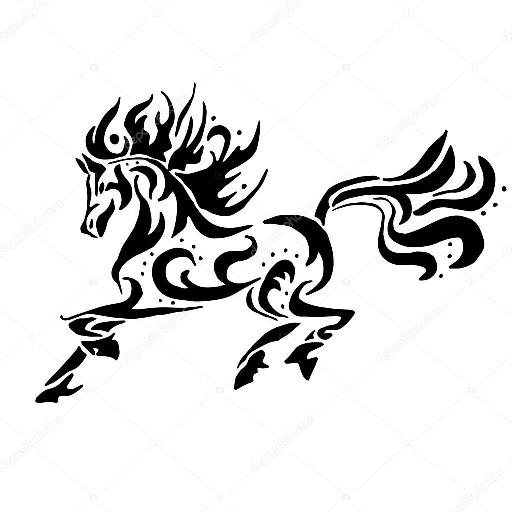 Coloriage cheval noir ou tatouage isolé sur fond blanc — Image vectorielle