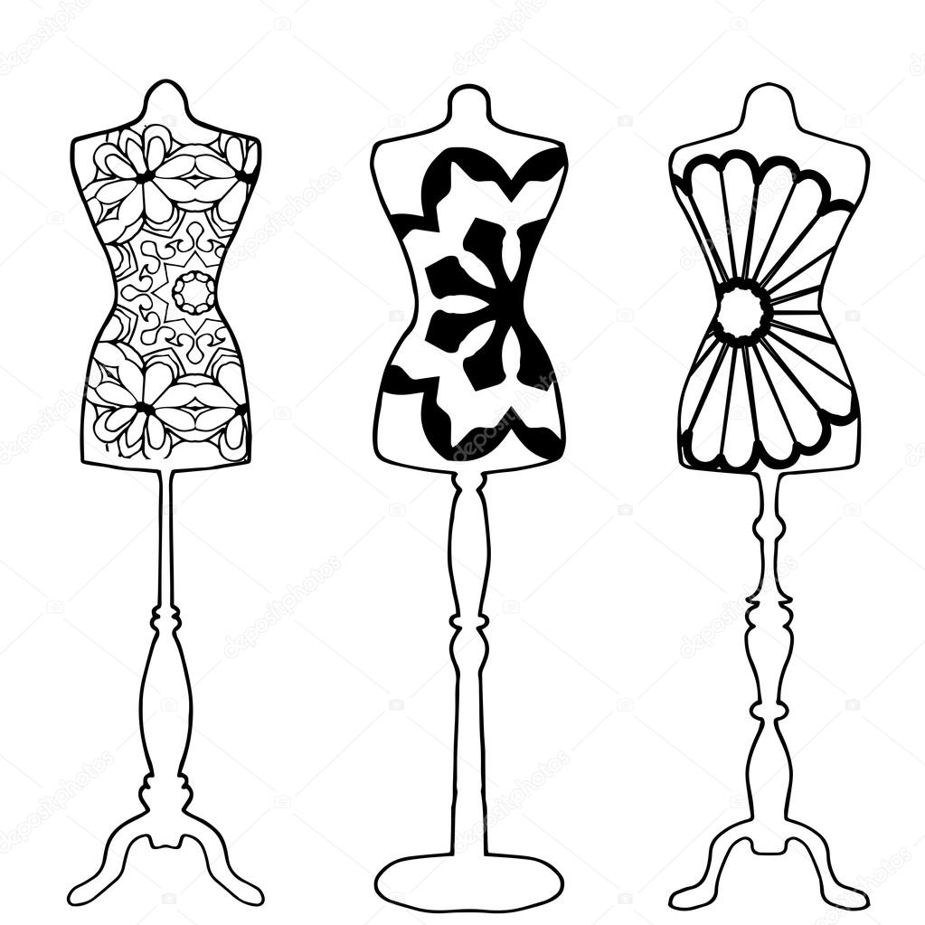 Mannequins drawn in outline on white background with cool pattern