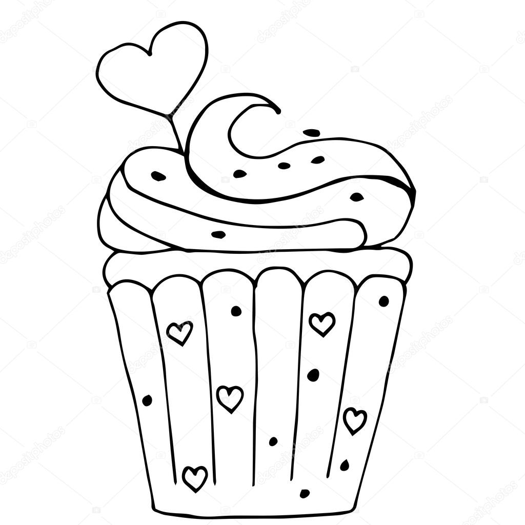 Cake with heart, cupcake drawn in outline isolated on white background