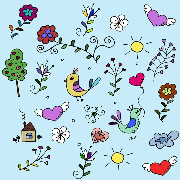 Patrón con corazones, pájaros y flores para fabrick o cuarto de bebé — Vector de stock