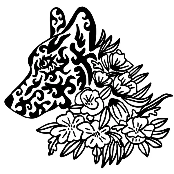 High quality original female wolf tattoo with flowers illustrati — Stock Vector