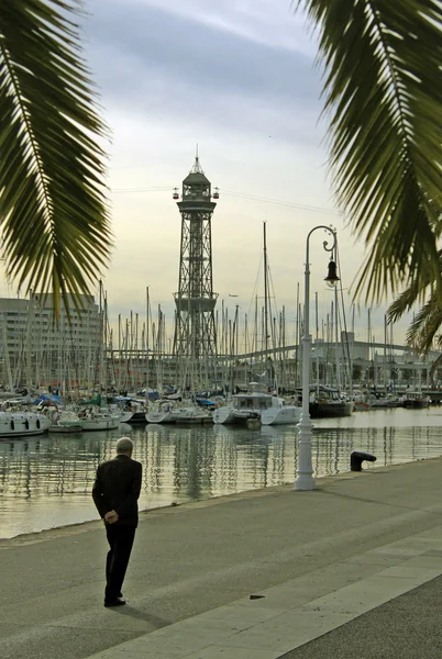 Barcelona, Katalonya, İspanya - 14 Aralık 2011: Barcelona bağlantı noktasında sahil mesire boyunca yürüyen bir adam — Stok fotoğraf