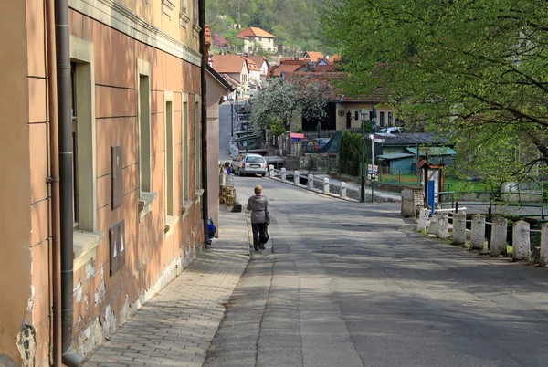 卡尔施泰因，捷克共和国-2013 年 4 月 30 日︰ 建筑物上通向 Karlstein 城堡，卡尔施泰因，捷克共和国的主要路 — 图库照片