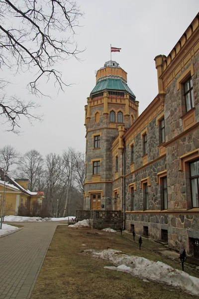 Sigulda, Letonya - 17 Mart 2012: Sigulda Belediye Meclisi 19 yy kalede bulunan. Sigulda kale 1878 yılında inşa edilmiş. — Stok fotoğraf