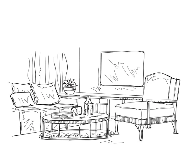 Современный эскиз интерьера комнаты. Ручная мебель . — стоковый вектор