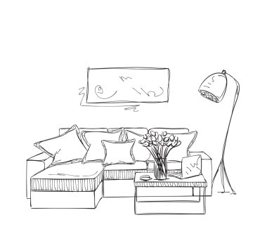 Oda içi çizimi. El yapımı kanepe..