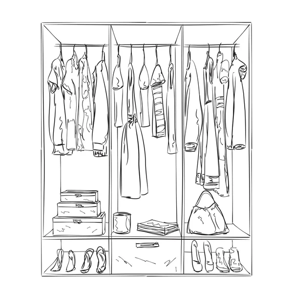 Hand getekende kledingkast schets. Interieur met kleding. — Stockvector