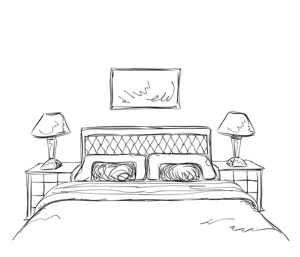 Современный эскиз интерьера спальни — стоковый вектор