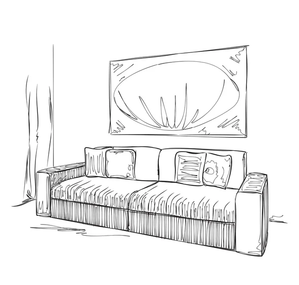 Сучасний інтер'єр кімнати ескіз. Ручний намальований диван . — стоковий вектор