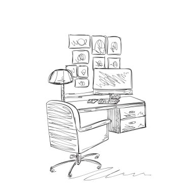 İş yerinde kroki. Elle çizilmiş masa ve sandalye