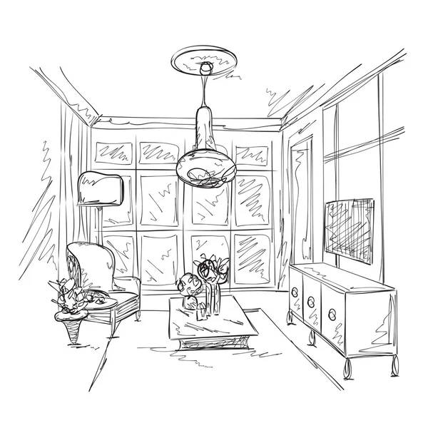 Рисунок интерьера комнаты. Ручной диван и стул — стоковый вектор