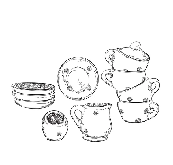 Assiette et tasse dessinées à la main. Esquisse de vaisselle — Image vectorielle