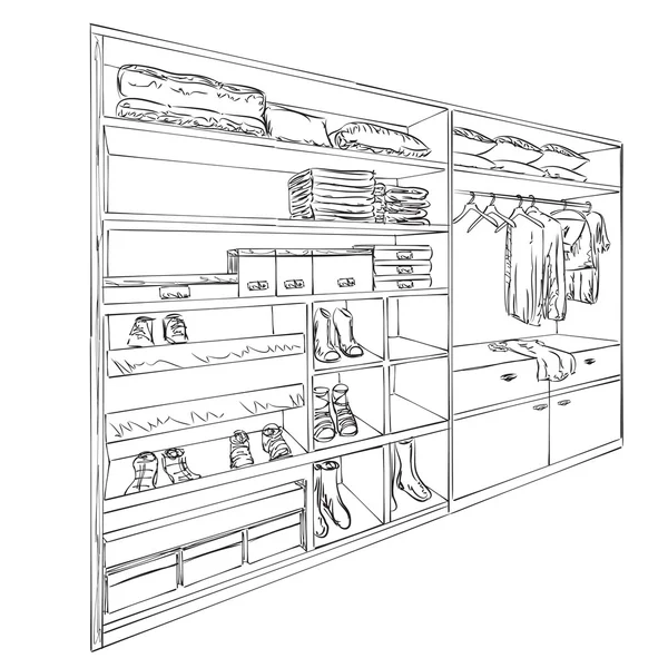 Croquis d'armoire dessiné à la main. Vêtements et chaussures . — Image vectorielle